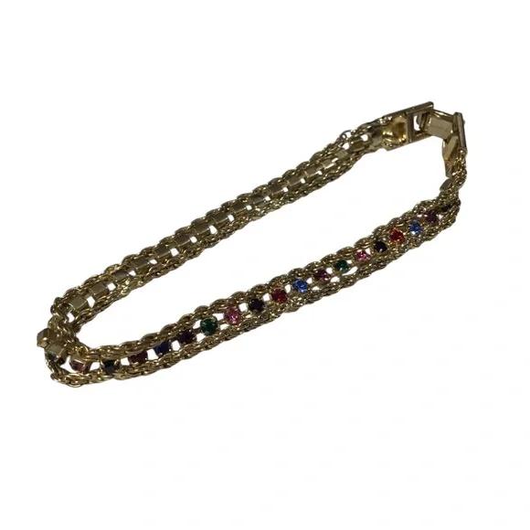 Yechang Rhinestone Bracelet Multicolor Gold Tone Vintage Pink Green Blue Red - Picture 7 of 10